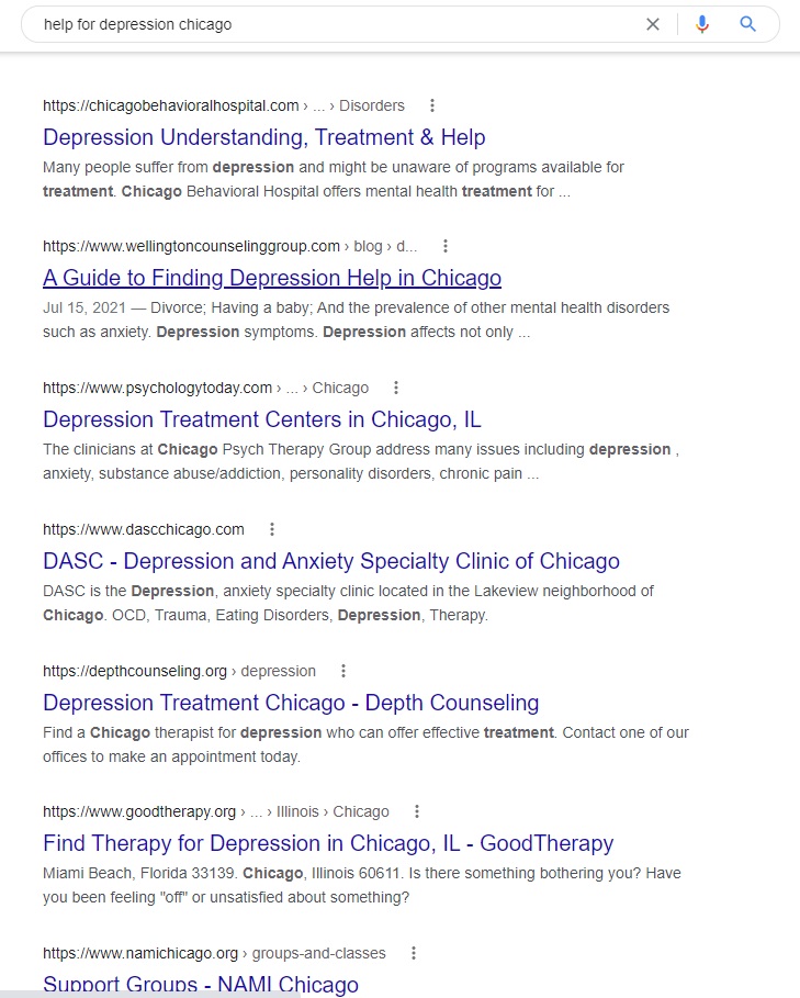 Help for Depression Chicago Google Search Organic
